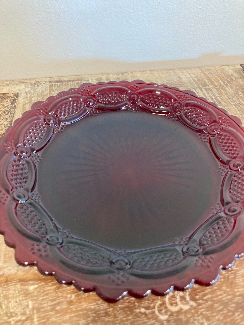 4 Avon Ruby Red Glass Luncheon Salad Dessert Plates 1876 Cape Cod Sunburst Back - Picture 16 of 16